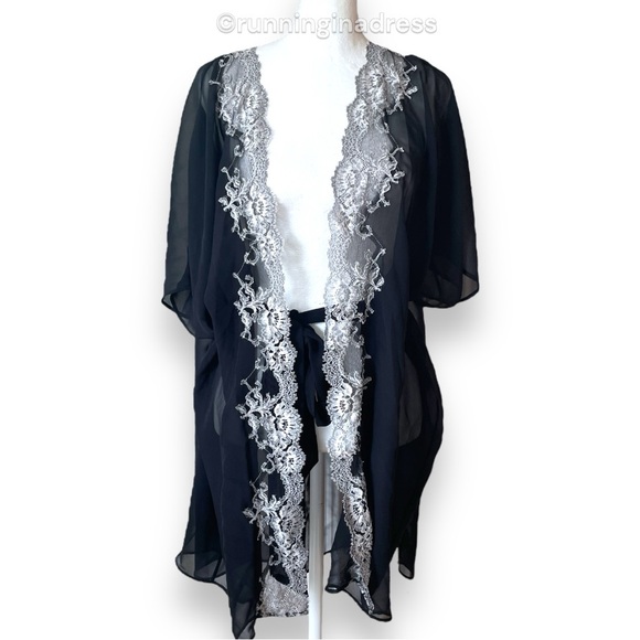 Victoria's Secret Sheer Black Robe With White Lace Floral Trim One Size - Picture 2 of 16